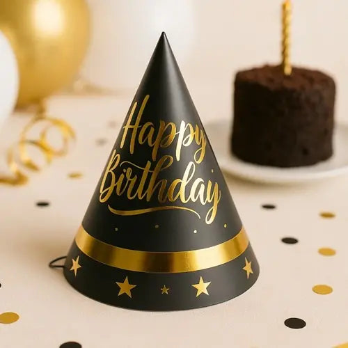 KÜLAH ŞAPKA HAPPY BIRTHDAY  YILDIZLI SİYAH GOLD